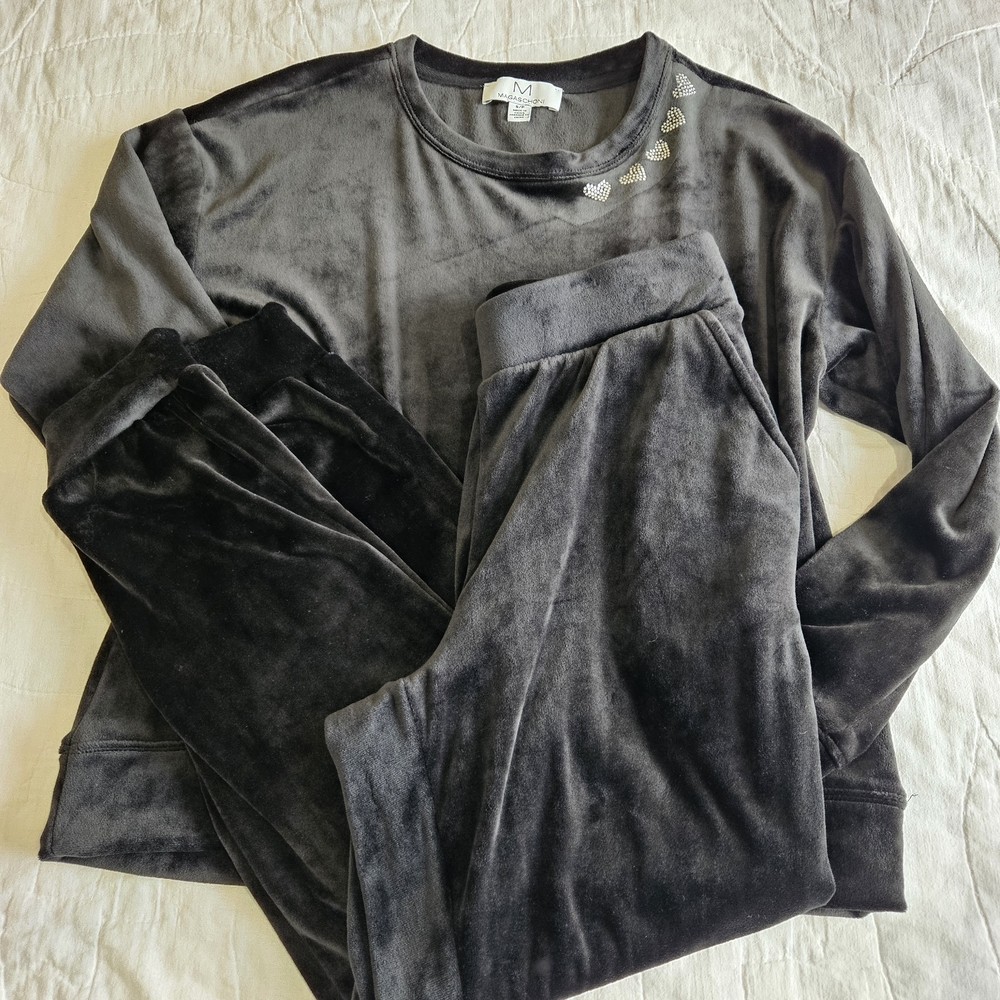Magaschoni Velour 2 Piece Black Set Women Small Tracksuit Lounge Cozy Athleisure